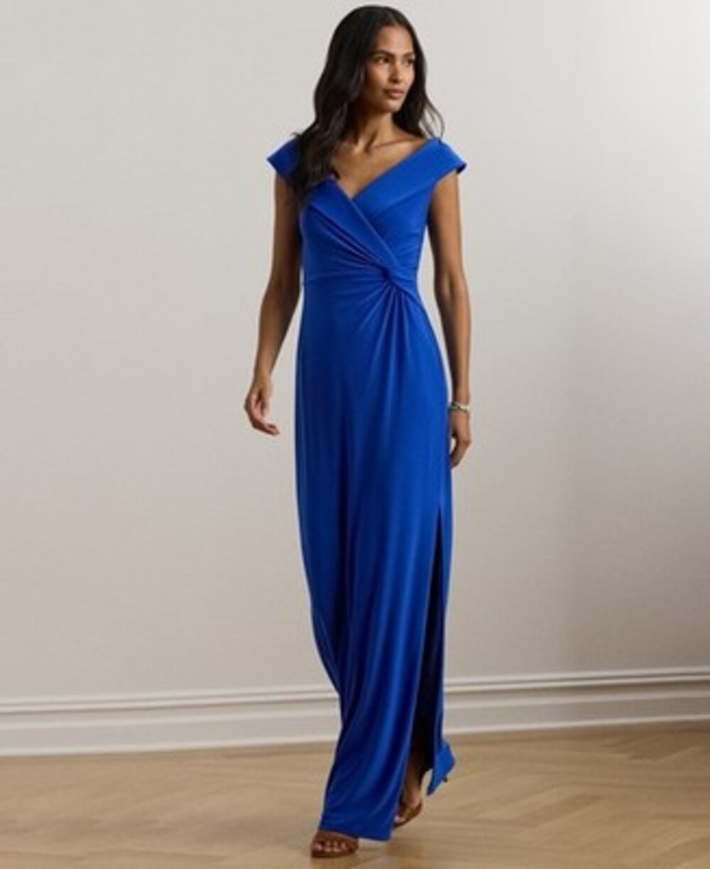 Lauren Ralph Lauren Jersey Off-The-Shoulder Side-Slit Column Gown Womens 18 Blue